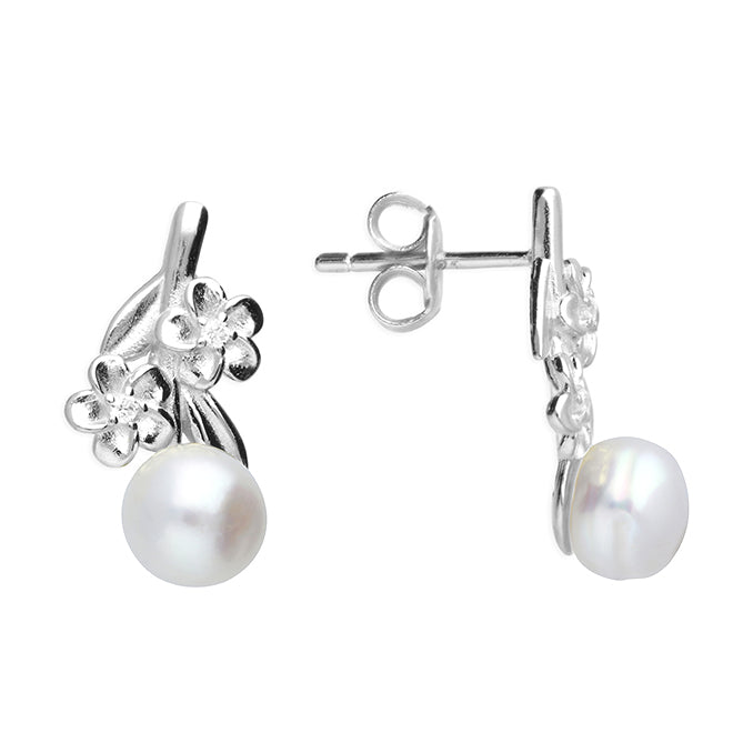 Silver Freshwater Pearl and Cubic Zirconia stud earrings complete with presentation box
