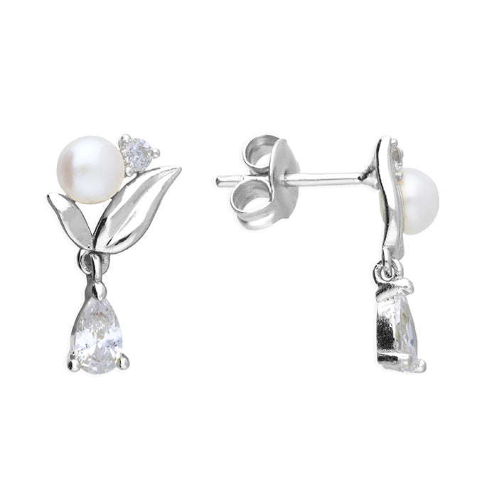 Silver Freshwater Pearl and Cubic Zirconia stud earrings complete with presentation box
