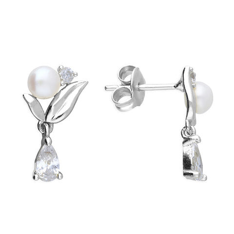 Silver Freshwater Pearl and Cubic Zirconia stud earrings complete with presentation box