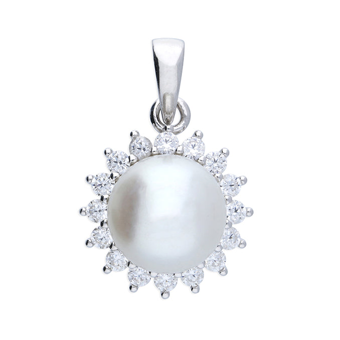 Silver Freshwater Pearl and Cubic Zirconia pendant and chain complete with presentation box