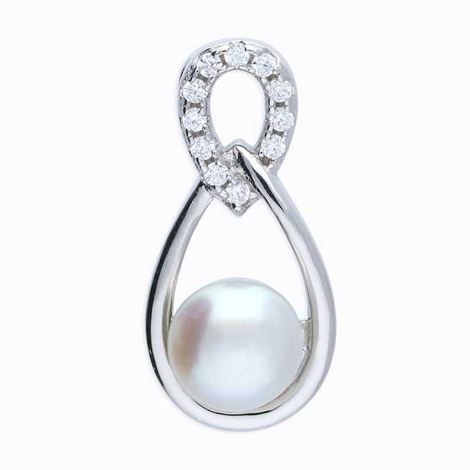 Silver Freshwater Pearl and Cubic Zirconia pendant and chain complete with presentation box