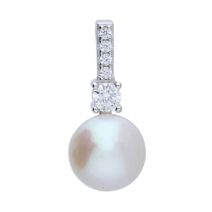 Silver Freshwater Pearl and Cubic Zirconia pendant and chain complete with presentation box