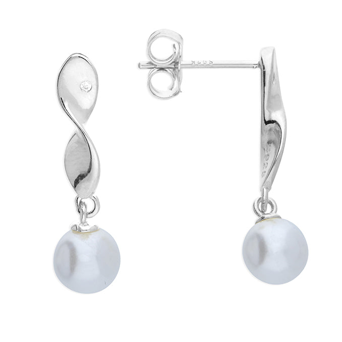 Silver Simulated Pearl and Cubic Zirconia drop earrings complete with presentation box