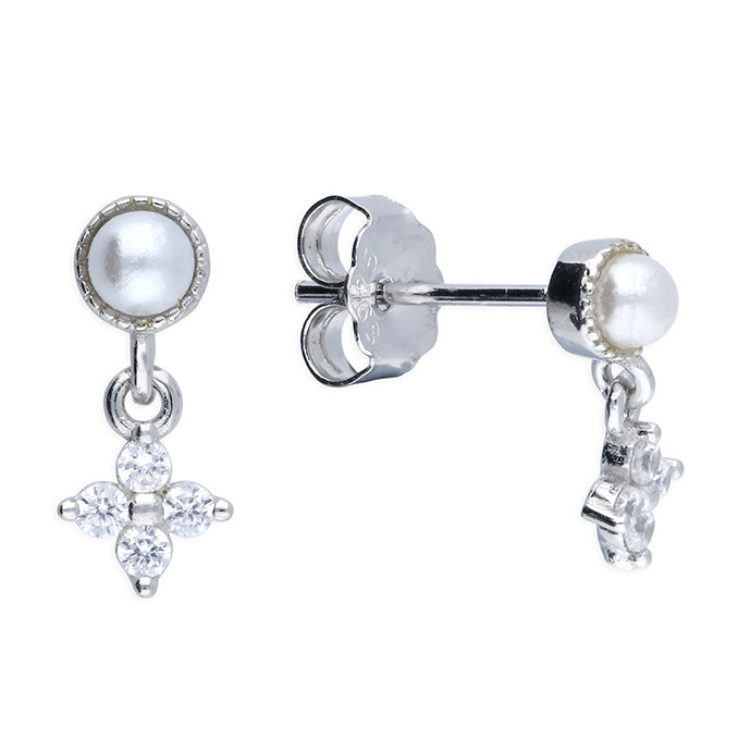 Silver Simulated Pearl and Cubic Zirconia drop earrings complete with presentation box