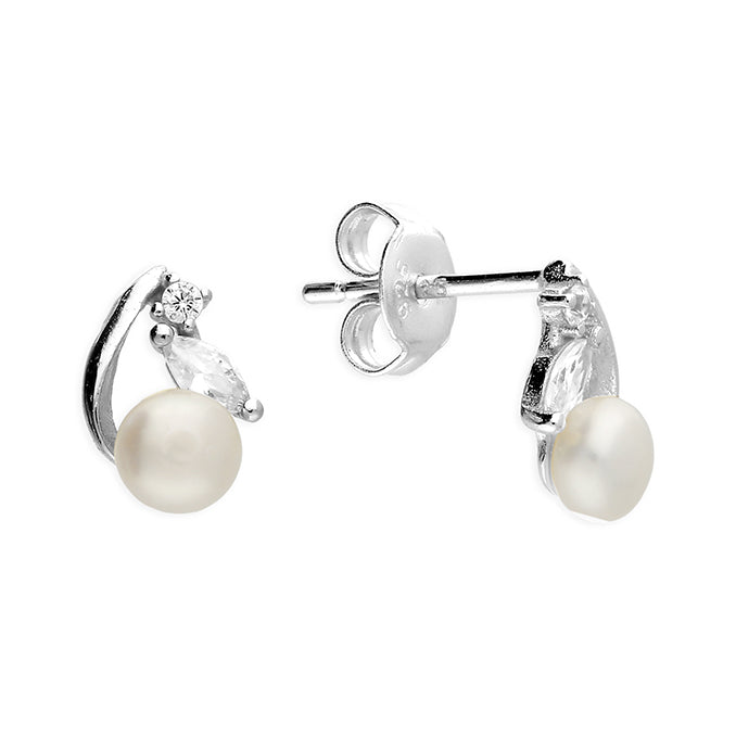Silver Freshwater Pearl and Cubic Zirconia stud earrings complete with presentation box