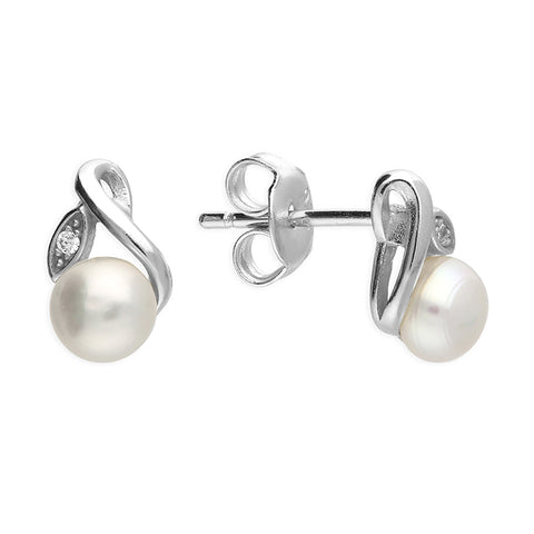 Silver Freshwater Pearl and Cubic Zirconia stud earrings complete with presentation box