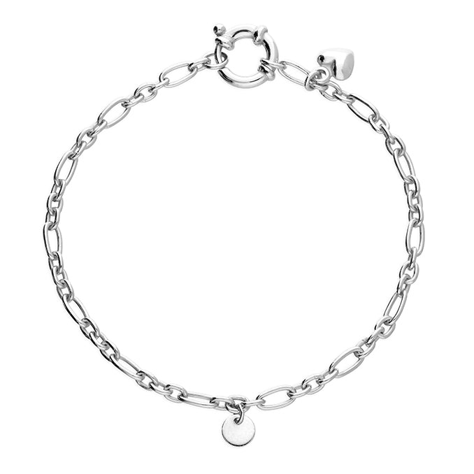 Silver Oval Link with Heart and Disc Bracelet complete with presentation box