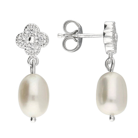 Silver Freshwater Pearl and Cubic Zirconia drop earrings complete with presentation box