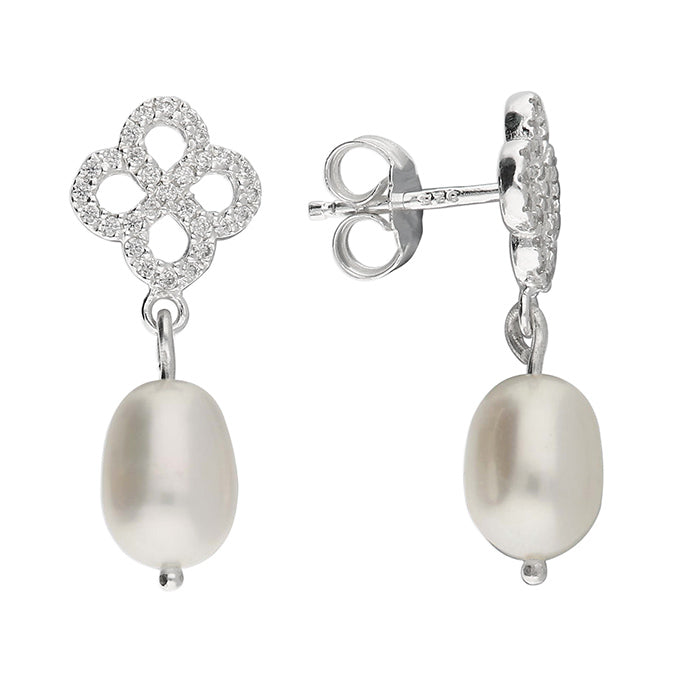 Silver Freshwater Pearl and Cubic Zirconia drop earrings complete with presentation box