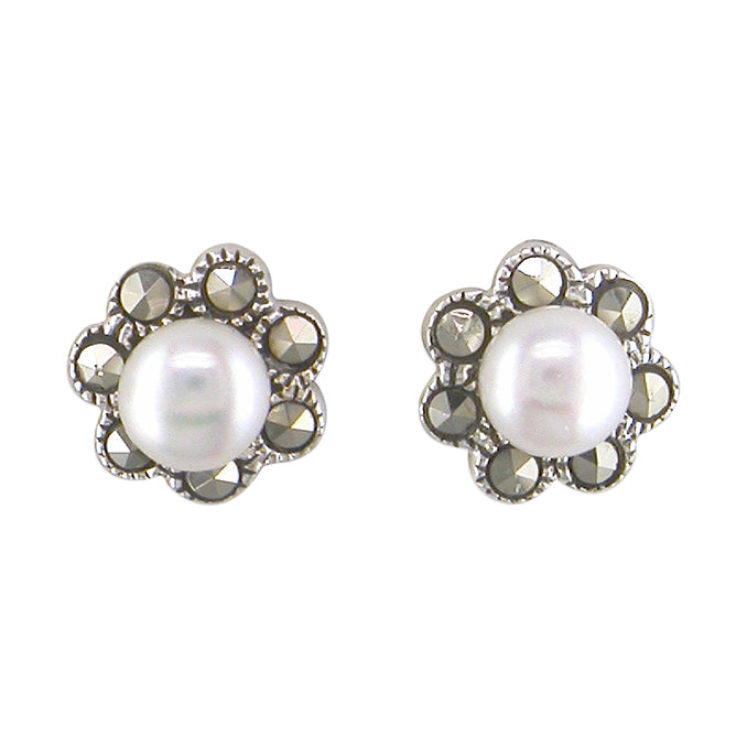 Silver Simulated Pearl and Marcasite stud earrings complete with presentation box