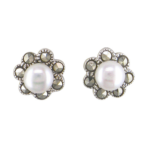 Silver Simulated Pearl and Marcasite stud earrings complete with presentation box