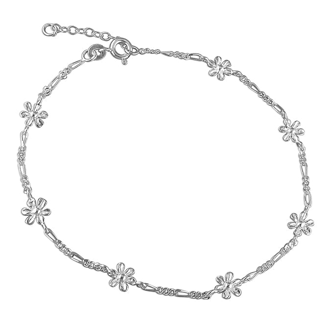 Silver Figaro and Flowers Link Bracelet complete with presentation box