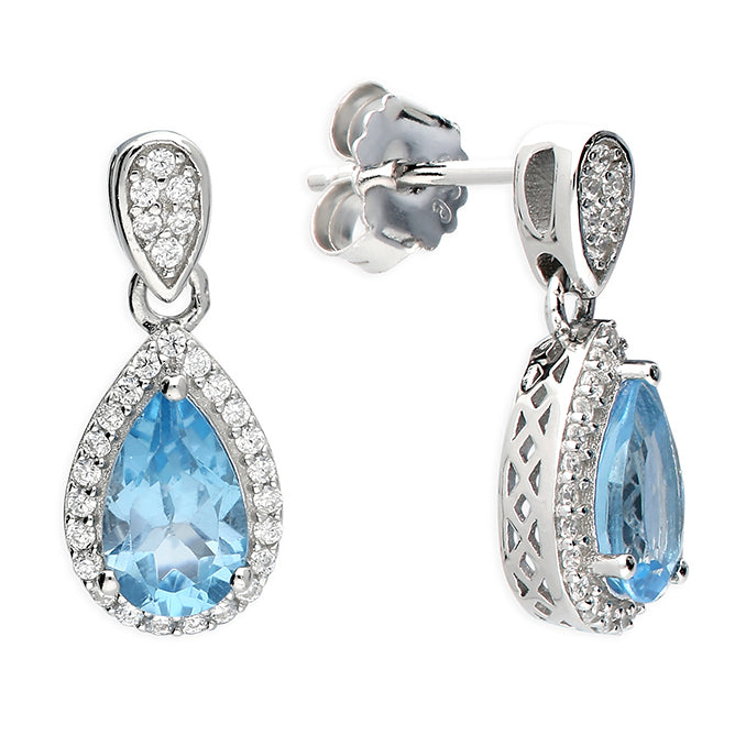 Silver Blue Topaz and Cubic Zirconia drop earrings complete with presentation box