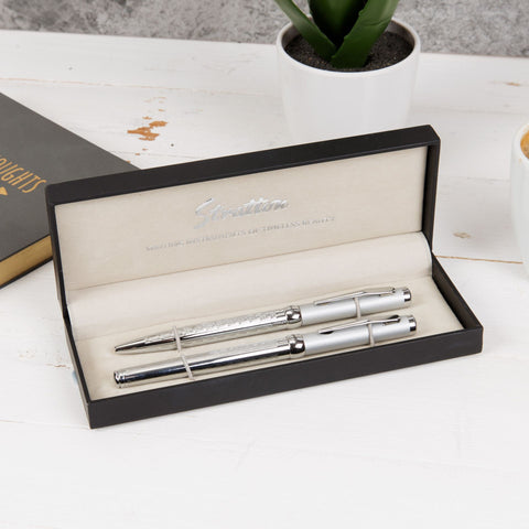 Stratton Two Tone Silver Rollerball and Ballpoint Pen Set complete with Gift Box