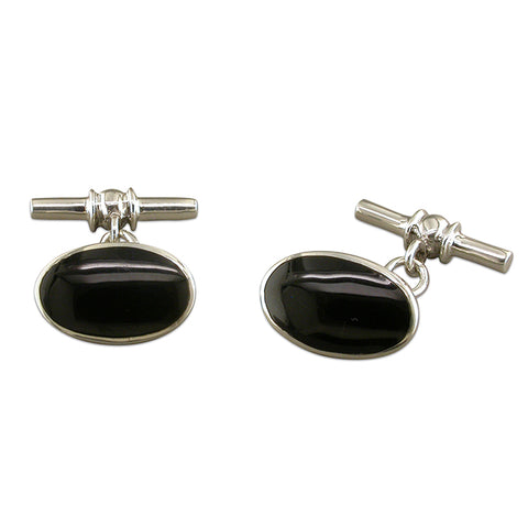 Silver oval Onyx Cufflinks complete with presentation box