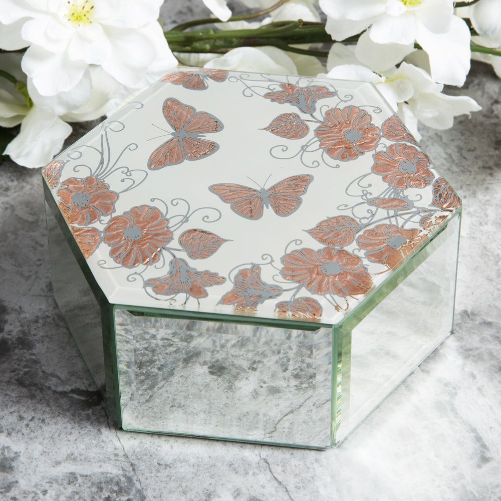 Mirrored hexagonal Butterfly design Trinket Box