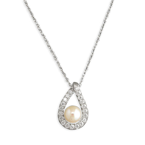 Silver Freshwater Pearl and Cubic Zirconia pendant and chain complete with presentation box