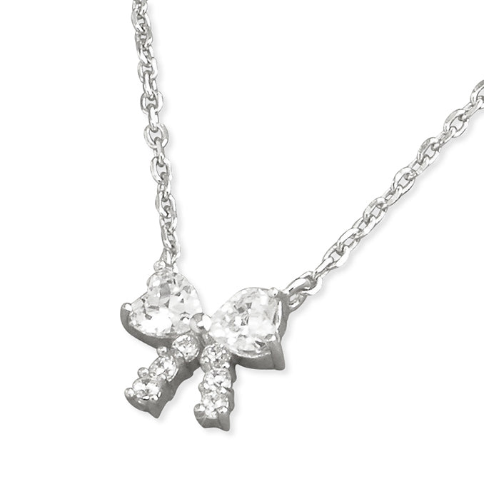 Silver Cubic Zirconia bow pendant and chain complete with presentation box
