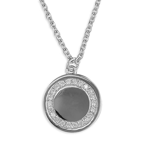 Silver Cubic Zirconia disc pendant and chain complete with presentation box