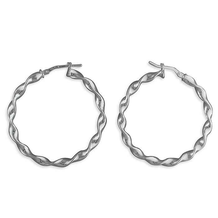 Silver hinged wire twist hoop earrings complete with presentation box
