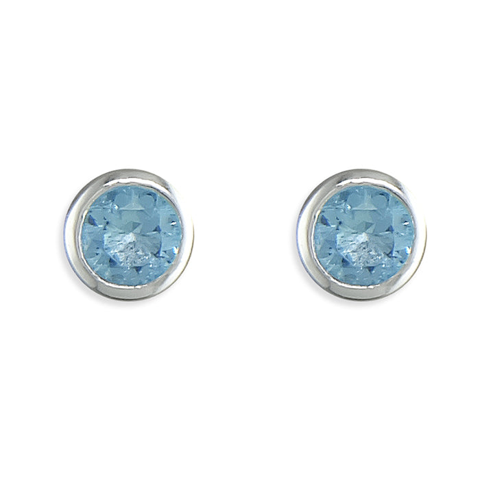 Silver Cubic Zirconia blue round stud earrings complete with presentation box