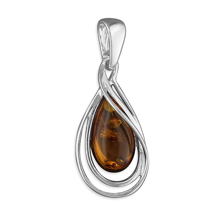 Silver Cognac Amber pendant and chain complete with presentation box