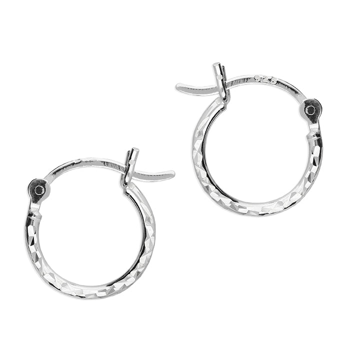 Silver hinged wire diamond cut hoop earrings complete with presentation box