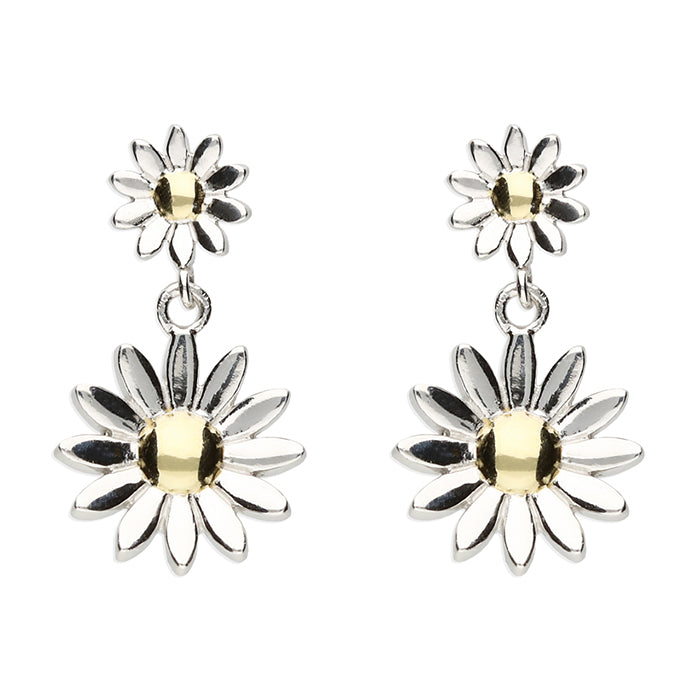 Silver two tone daisy drop earrings complete with presentation box