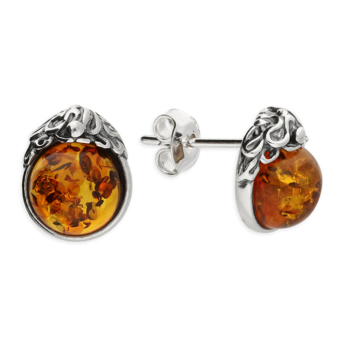 Silver round Amber stud earrings complete with presentation box
