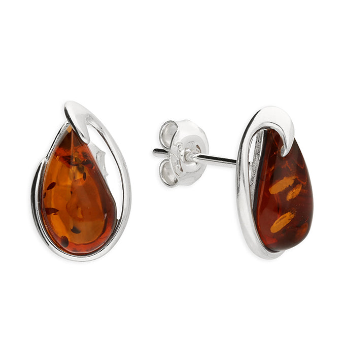 Silver teardrop Amber stud earrings complete with presentation box