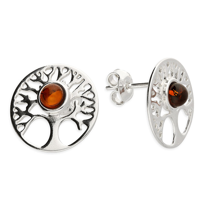 Silver Amber Tree of Life stud earrings complete with presentation box