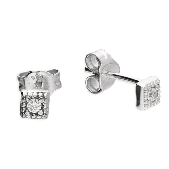 Silver Cubic Zirconia square stud earrings complete with presentation box