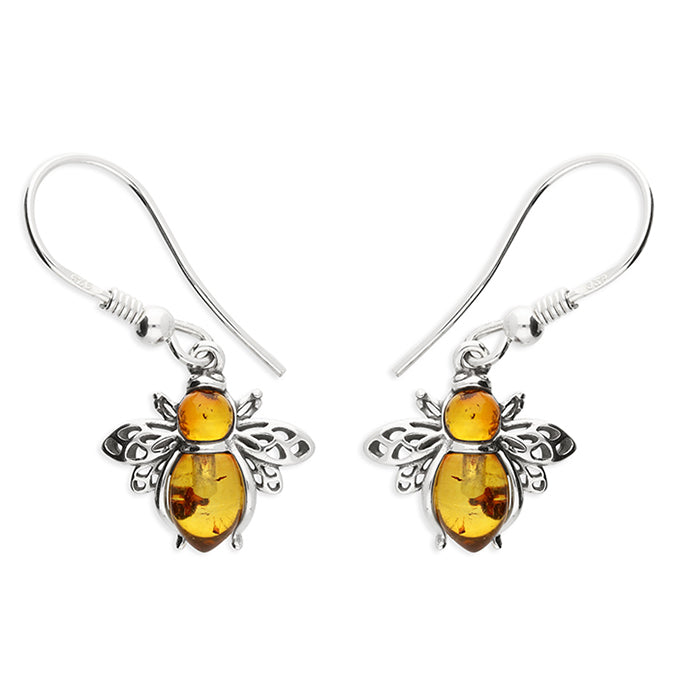 Silver Amber Bee drop earrings complete with presentation box