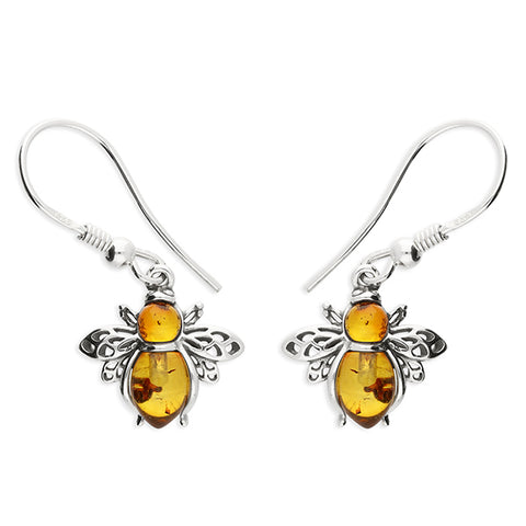 Silver Amber Bee drop earrings complete with presentation box