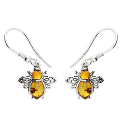 Silver Amber Bee drop earrings complete with presentation box