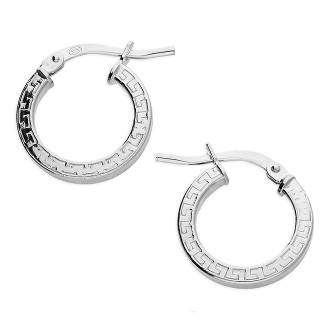 Silver hinged wire greek key pattern hoop earrings complete with presentation box