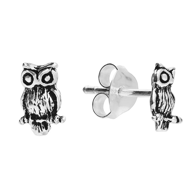 Silver owl stud earrings complete with presentation box