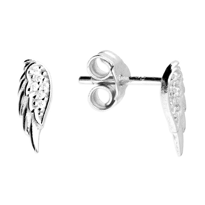 Silver Cubic Zirconia wing stud earrings complete with presentation box