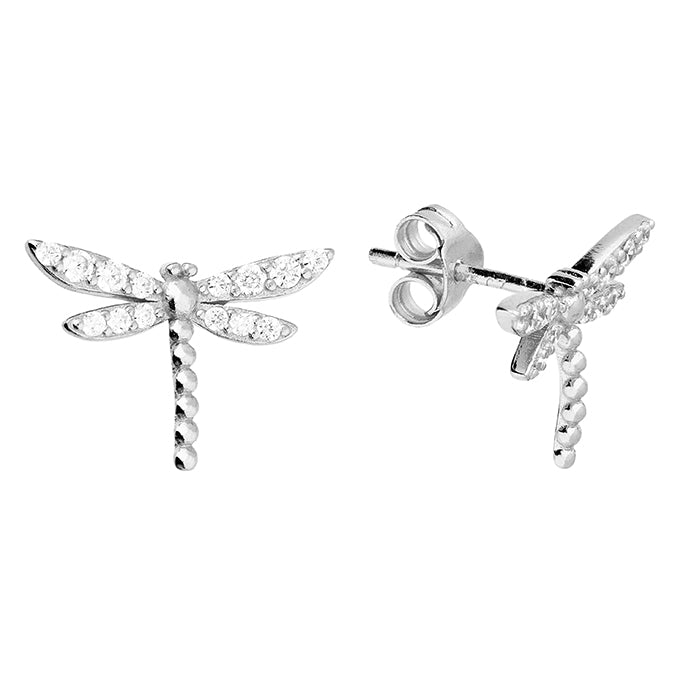Silver Cubic Zirconia Dragonfly stud earrings complete with presentation box