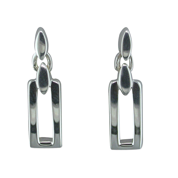 Silver oblong cut out drop earrings complete with presentation box