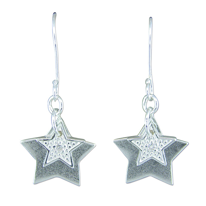 Silver Cubic Zirconia set double star drop earrings complete with presentation box