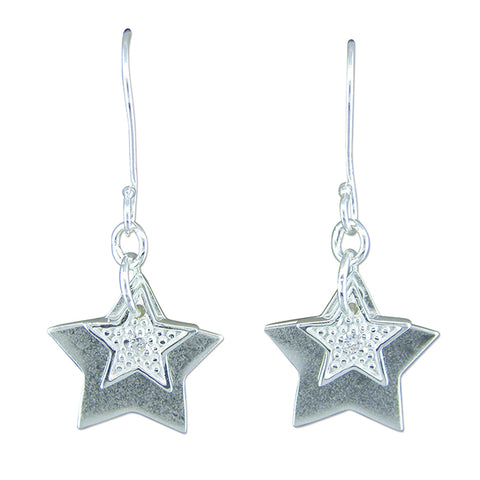 Silver Cubic Zirconia set double star drop earrings complete with presentation box