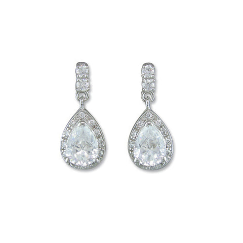 Silver Cubic Zirconia pear shape drop earrings complete with presentation box