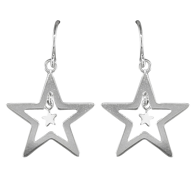 Silver cut out double star drop earrings complete with presentation box