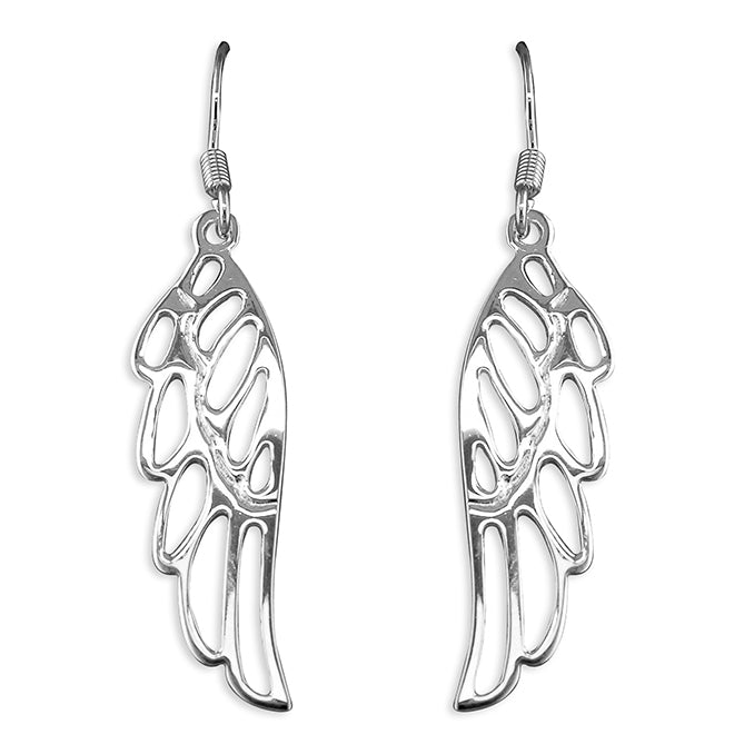 Silver open work angel wing drop earrings complete with presentation box