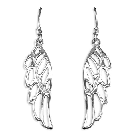 Silver open work angel wing drop earrings complete with presentation box