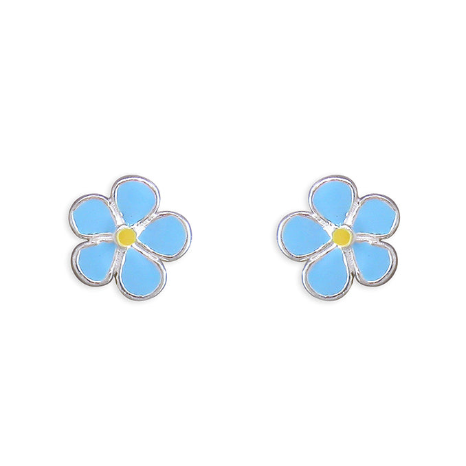 Silver small blue enamel flower stud earrings complete with presentation box