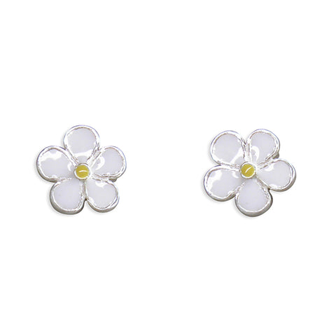 Silver small white enamel flower stud earrings complete with presentation box