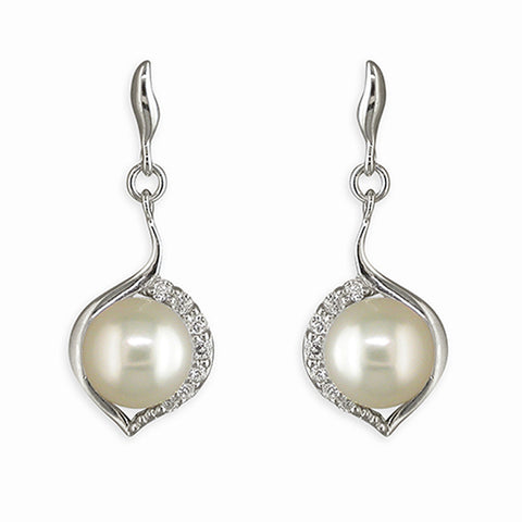 Silver Freshwater Pearl and Cubic Zirconia drop earrings complete with presentation box