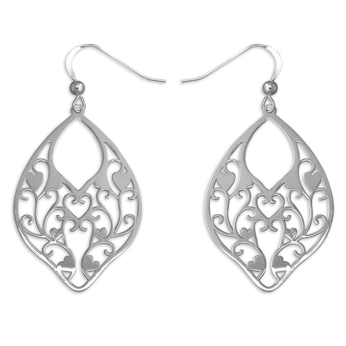 Silver fancy cut out drop earrings complete with presentation box